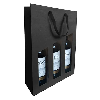 Sac 3 bouteilles noir à fenêtre poignées coton 28,5+9,5x38,5 cm – Paquet de 10 - Sacs pour bouteilles de vin