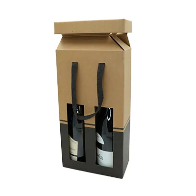 Sac pop-up 2 bouteilles brun/noir à fenêtre poignées papier 19+9,5x38,5 cm – Paquet de 10 - Sacs pour bouteilles de vin-2
