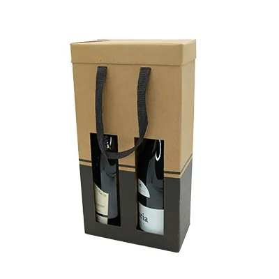 Sac pop-up 2 bouteilles brun/noir à fenêtre poignées papier 19+9,5x38,5 cm – Paquet de 10 - Sacs pour bouteilles de vin-3