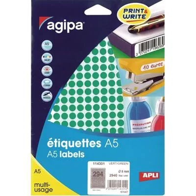 Pastille adhésive permanente Verte ø 8 mm Agipa - Pastille de signalisation - Étui de 2940 - Gommettes de couleur