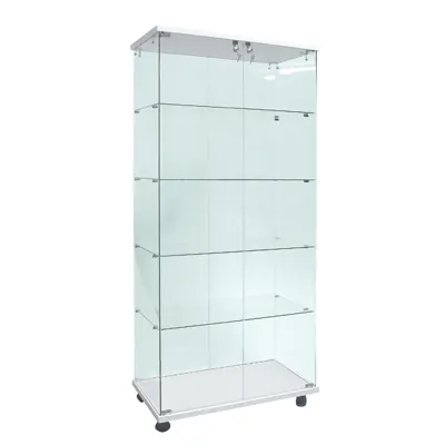 Vitrine colonne verre trempé socle blanc 4 tablettes 80 x 40 x 175 cm sur roulettes – Vitrine d’exposition - Vitrine exposition magasin - Vitrines Verre & Bois