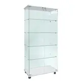 Vitrine colonne verre trempé socle blanc 4 tablettes 80 x 40 x 175 cm sur roulettes – Vitrine d’exposition - Vitrine exposition magasin - Vitrines Verre & Bois