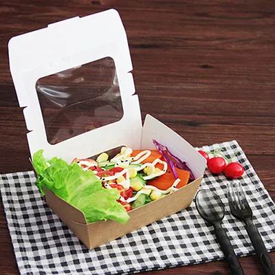 Boîte salade avec couvercle fenêtre 1470 ml 20,5 x 14 x 6 cm carton kraft - Boîte salade à emporter - Lot de 50 - Boîtes salade, Bols salade-2