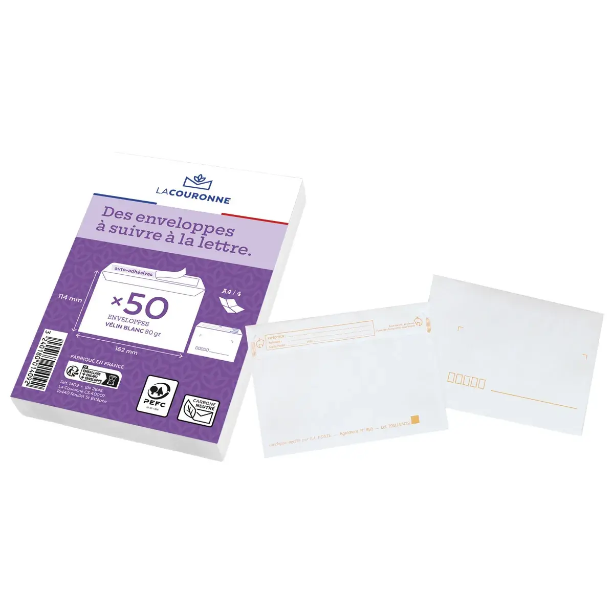 Enveloppe blanche C6 114 x 162 mm précasées 80g La Couronne - Paquet de 50 - Enveloppes blanches, Enveloppes kraft-2