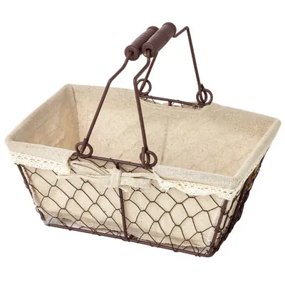 Panier métal rectangulaire marron tissu beige avec 2 anses 30 x 21 x 13 cm - Paniers à garnir