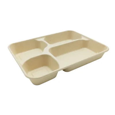 Plateau repas à emporter 4 compartiments 1400 ml fibre végétale 28 x 21 x 4 cm - Lot de 25 - Boîtes repas jetables, Plateaux compartimentés-2