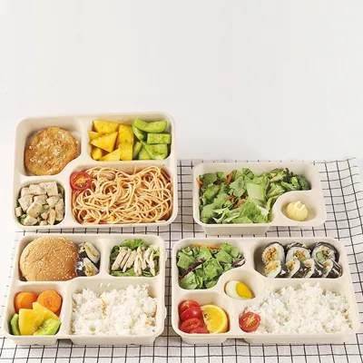 Plateau repas à emporter 4 compartiments 1400 ml fibre végétale 28 x 21 x 4 cm - Lot de 25 - Boîtes repas jetables, Plateaux compartimentés-4