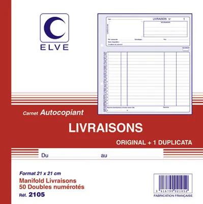 Carnet de Bon de livraison Elve Manifold 210 x 210 mm 50 pages autocopiantes 2 exemplaires - Carnets de commandes, Carnets de livraisons