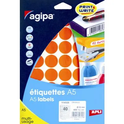 Pastille adhésive permanente Orange ø 24 mm Agipa - Pastille de signalisation - Étui de 400 - Gommettes de couleur