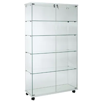 Vitrine colonne verre trempé socle blanc 4 tablettes 100 x 40 x 180 cm sur roulettes – Vitrine d’exposition - Vitrines Bois