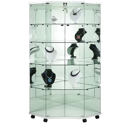 Vitrine d’angle en verre trempé 4 tablettes avec fond miroir 82 x 40 x 180 cm sur roulettes -  Vitrine d’exposition - Vitrines Verre & Bois