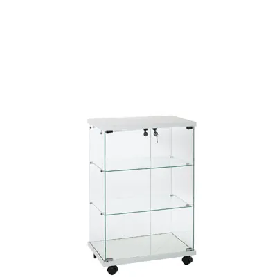 Vitrine comptoir en verre trempé blanc 2 tablettes 60 x 40 x 90 cm sur roulettes -  Vitrine d’exposition - Vitrines Bois