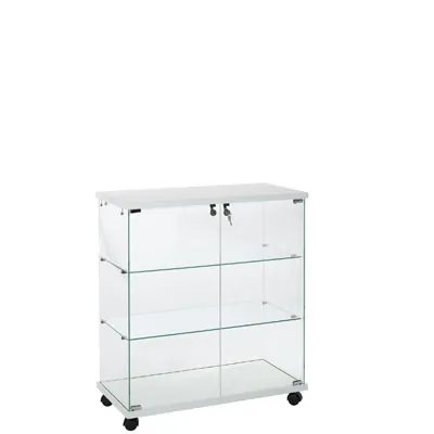 Vitrine comptoir en verre trempé blanc 2 tablettes 80 x 40 x 90 cm sur roulettes -  Vitrine d’exposition - Vitrines Bois