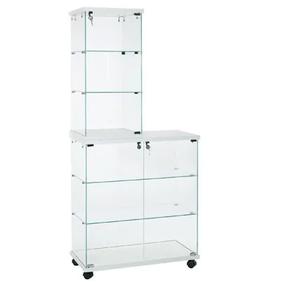 Vitrine comptoir en verre trempé blanc 2 tablettes 80 x 40 x 90 cm sur roulettes -  Vitrine d’exposition - Vitrines Bois-2