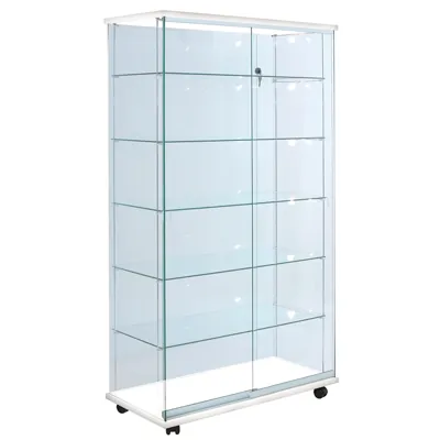 Vitrine verre trempé socle blanc 5 tablettes 100 x 46 x 180 cm sur roulettes - Vitrine d’exposition - Vitrines Verre & Bois