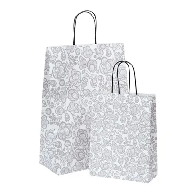 Sac cadeau motif floral gris / blanc poignées noires 27 x 12 x 37 cm - Sac cadeau papier - Lot de 50 - Sacs kraft à motifs-2