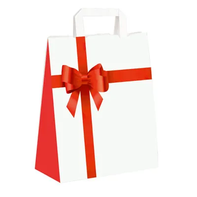 Sac cadeau blanc noeud rouge poignées plates 27 x 12 x 37 cm - Sac cadeau papier - Lot de 50 - Sacs kraft à motifs