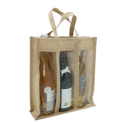Sacs jute 3 bouteilles à fenêtres - Sacs pour bouteilles de vin-2