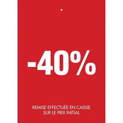 Etiquette à trou -40% rouge blanc 50x70mm - Etiquette soldes - Lot de 250 - Etiquettes soldes