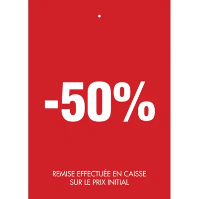 Etiquette à trou -50% rouge blanc 50x70mm - Etiquette soldes - Lot de 250 - Etiquettes soldes