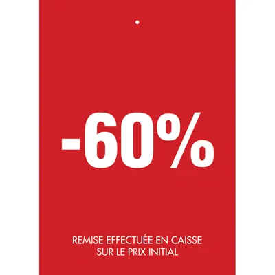 Etiquette à trou -60% rouge blanc 50x70mm - Etiquette soldes - Lot de 250 - Etiquettes soldes