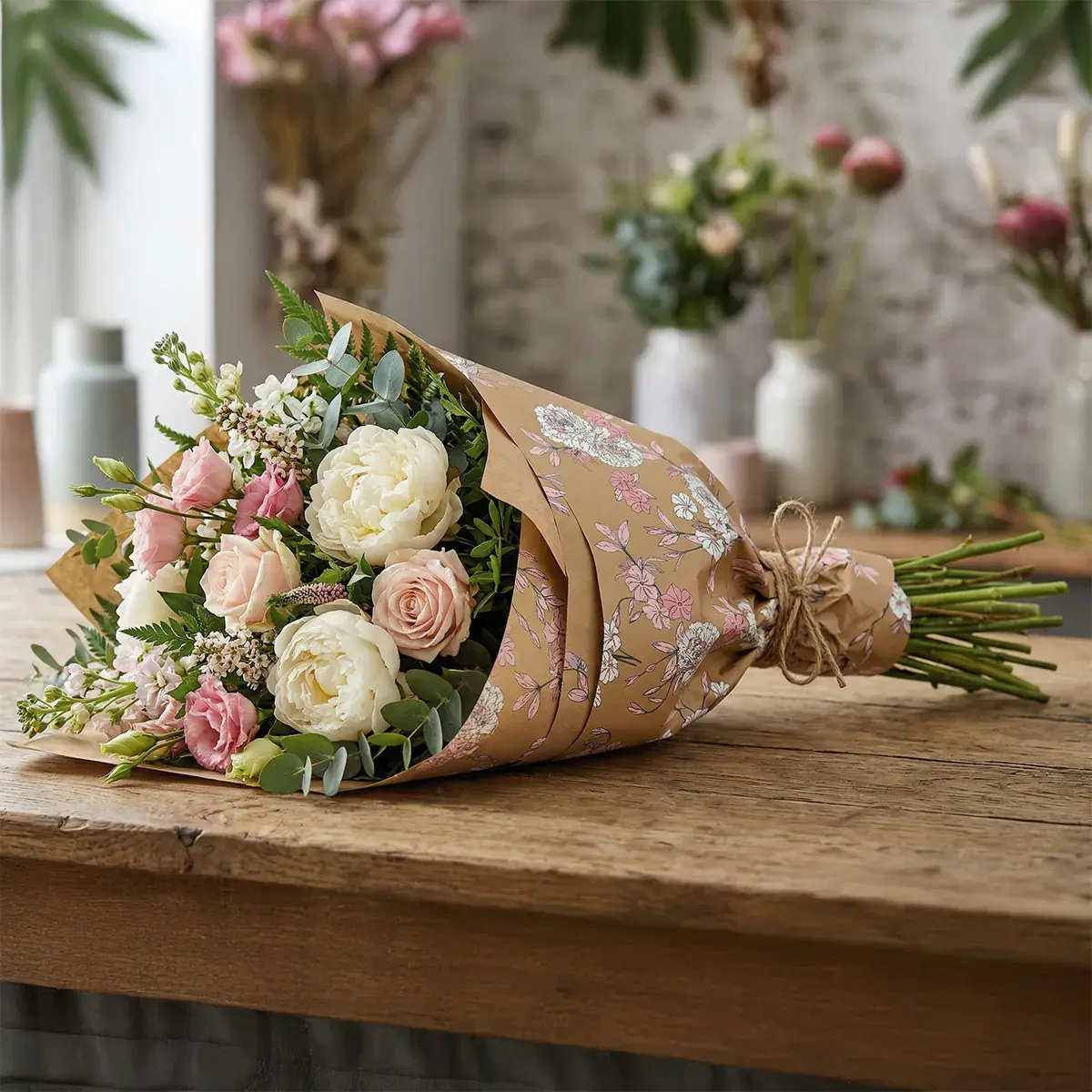 Papier cadeau kraft brun Boudoir 2 fleurs blanc/rose 70 cm x 50 m 60 g/m² – le rouleau - Papiers cadeaux kraft à motifs-3