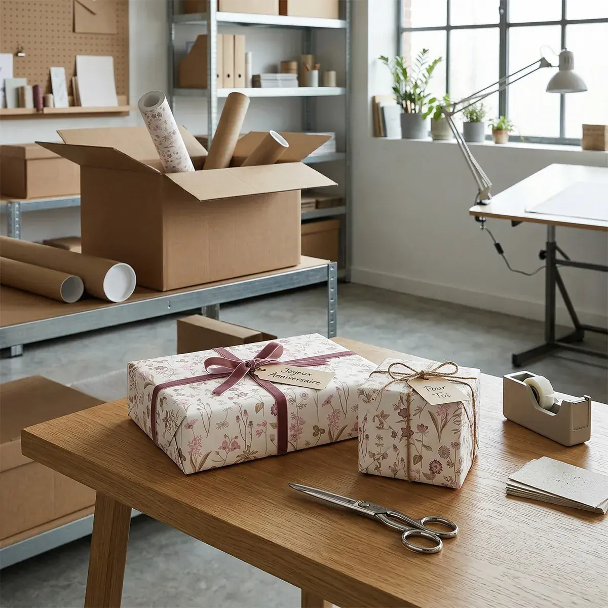 Papier cadeau kraft blanc vergé Ysée fleurs blanc/rose 70 cm x 50 m 60 g/m² – le rouleau - Papiers cadeaux kraft à motifs-2