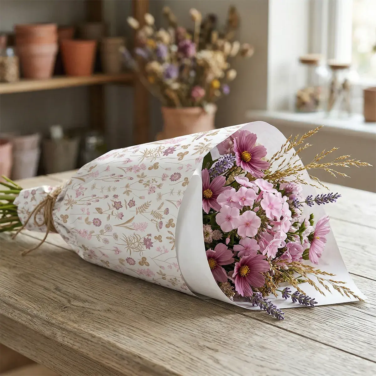 Papier cadeau kraft blanc vergé Ysée fleurs blanc/rose 70 cm x 50 m 60 g/m² – le rouleau - Papiers cadeaux kraft à motifs-3