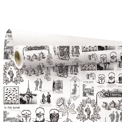 Papier cadeau kraft blanc vergé Métropolitain gravures Paris 70 cm x 50 m 60 g/m² – le rouleau - Papiers cadeaux kraft à motifs