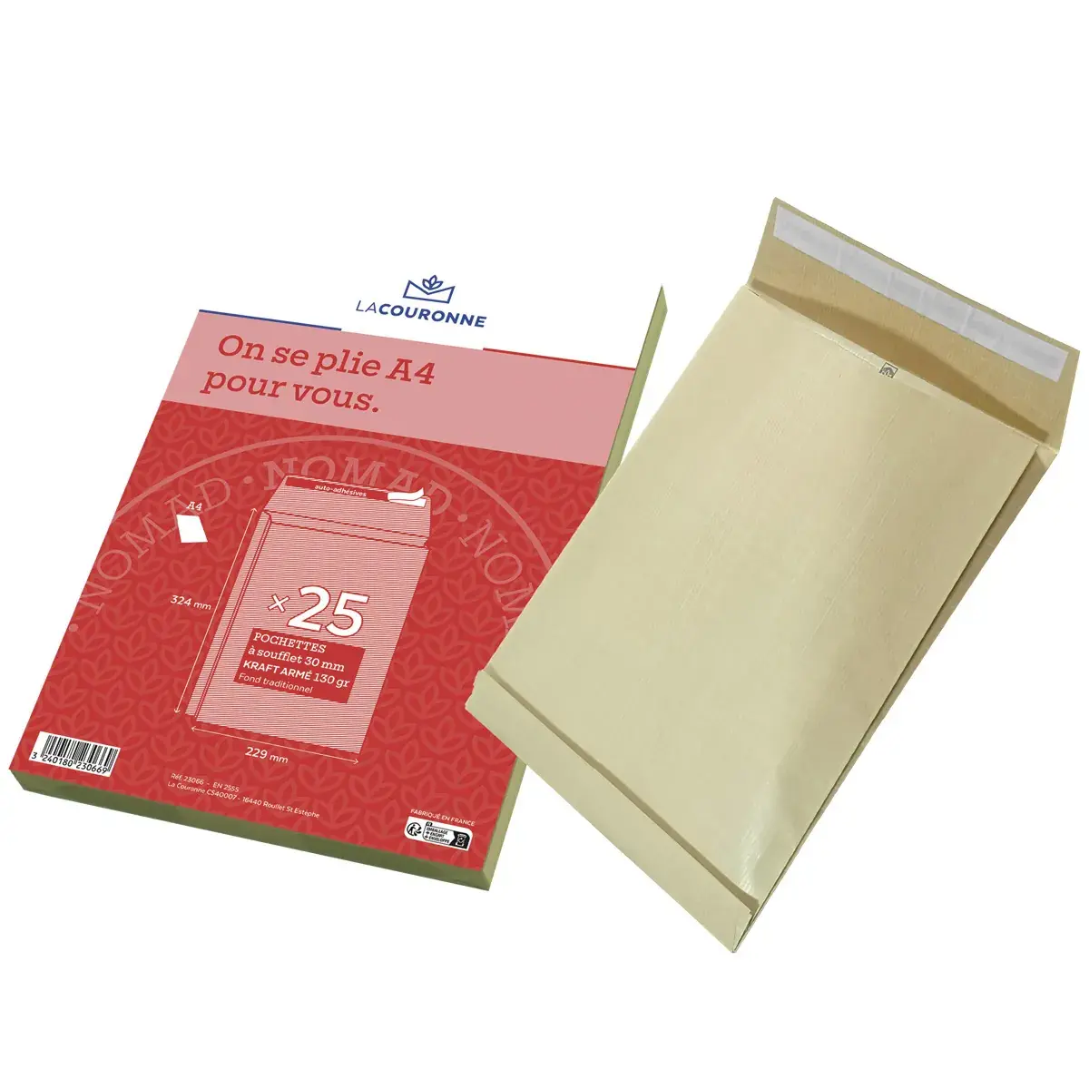 Pochette avec soufflets C4 kraft brun sans fenêtre La Couronne 229 x 324 mm 130g – Paquet de 25 - Enveloppes blanches, Enveloppes kraft-2