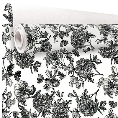 Papier cadeau fleurs dessinées noir & blanc 70 cm x 50 m 80 g/m² – Le rouleau - Papier cadeaux couchés à motifs-2