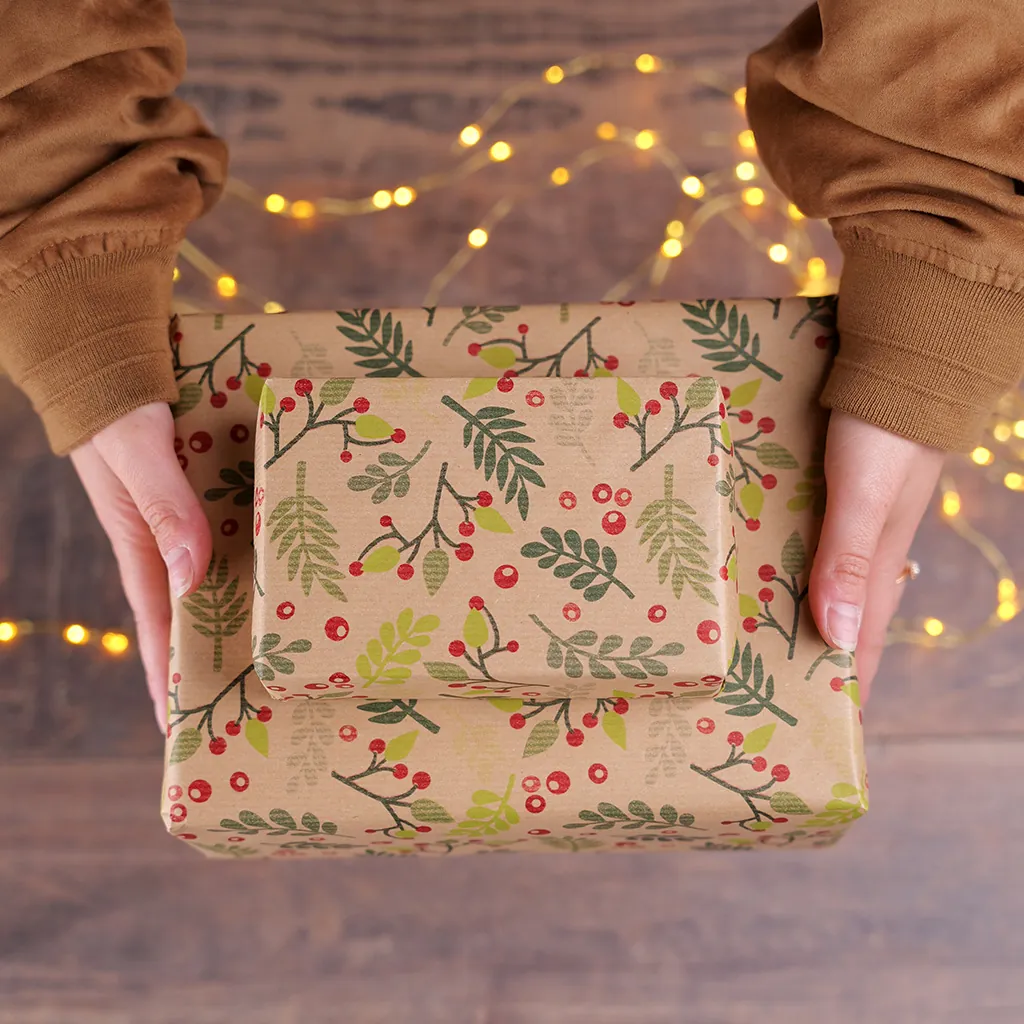 Papier cadeau kraft brun houx vert/rouge 70 cm x 50 m 60 g/m² – le rouleau - Papiers cadeaux kraft à motifs-3
