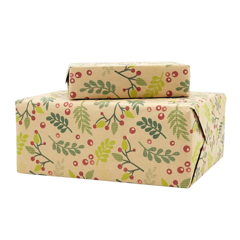Papier cadeau kraft brun houx vert/rouge 70 cm x 50 m 60 g/m² – le rouleau - Papiers cadeaux kraft à motifs-4
