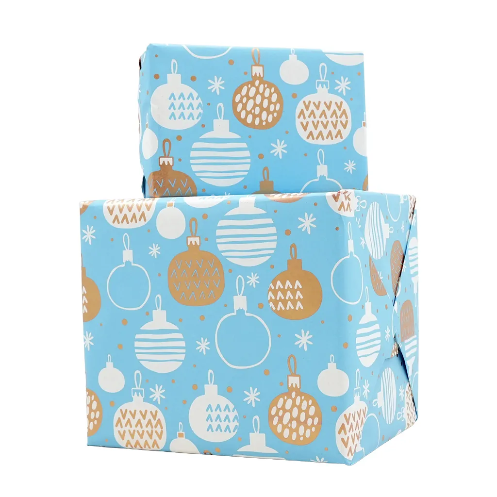 Papier cadeau kraft blanc boules de Noël bleu/or 70 cm x 25 m 60 g/m² – le rouleau - Papiers cadeaux kraft à motifs-3