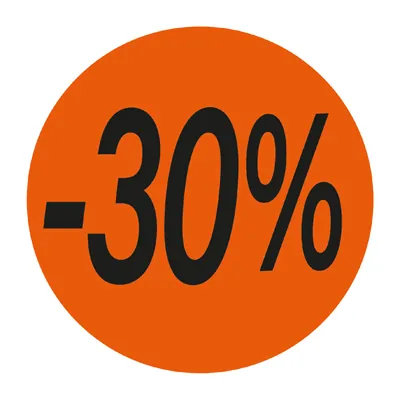 Pastille adhésive promo '-30%' rond ø 36 mm, Orange fluo - Sticker promo - Lot de 500 - Étiquettes adhésives Soldes, Étiquettes promotionnelles