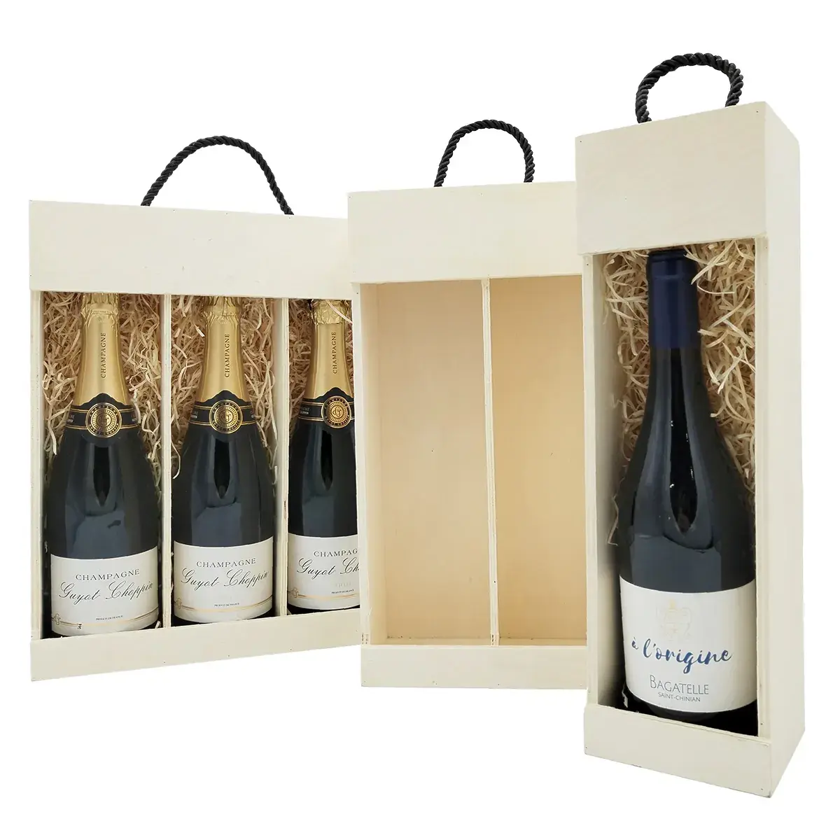 Coffret bouteille bois ouvert en façade 10,8 x 37,5 cm - 1 bouteille - Lot de 5 - Coffrets pour bouteilles de vin, Boîtes pour bouteilles de vin-4