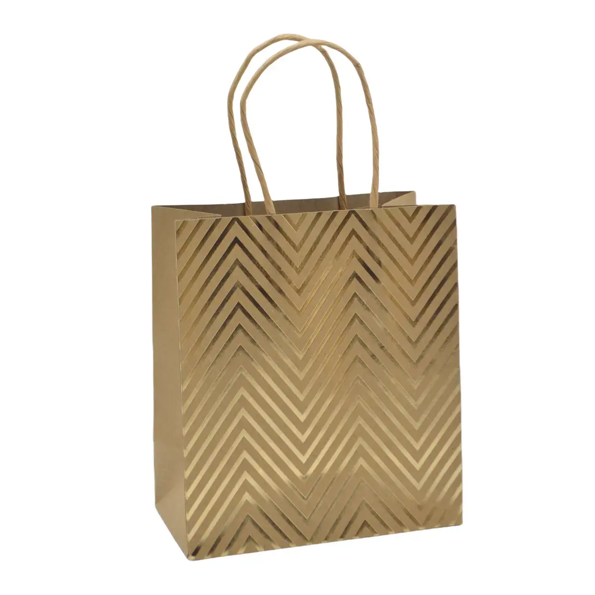 Sac cadeau kraft à chevrons dorés poignées torsadées 18x10x21 cm – Paquet de 20 - Sacs kraft à motifs