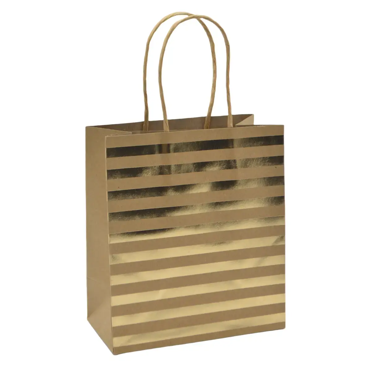 Sac cadeau kraft à rayures dorées poignées torsadées 18x10x21 cm – Paquet de 20 - Sacs kraft à motifs