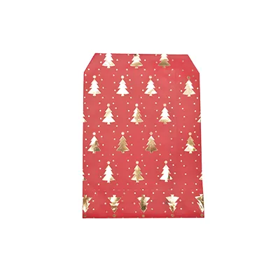 Pochettes cadeaux kraft rouge sapins or dorure à chaud 13 x 18 cm 50 g/m² - Spécial Noël - Paquet de 100 - Pochettes cadeaux à motifs