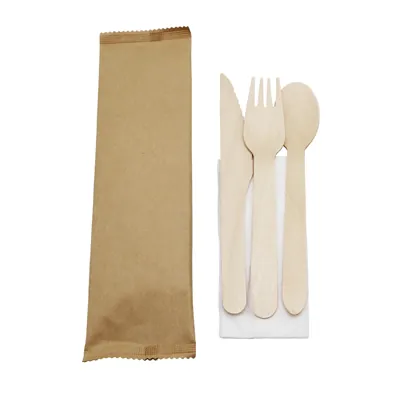 Kits 3 couverts en bois 16 cm + serviette - Couvert en bois - Paquet de 50 - Couverts jetables, Couverts bois