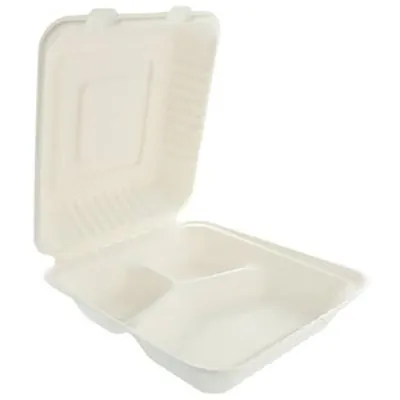 Boîte repas 3 compartiments fibre végétale 1135 ml 21 x 21 x 8 cm - Boîte repas écologique - Lot de 50 - Boîtes repas jetables, Plateaux compartimentés