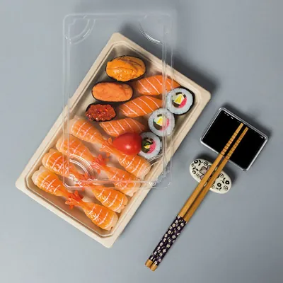 Boîte sushis avec couvercle transparent 23 x 14 x 4,8 cm fibre végétale - Plat sushis - Sushis box - Lot de 50 - Emballage snacking-3