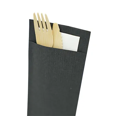 Pochette à couverts noire + serviette blanche 20 x 8,5 cm – Lot de 500 - Serviettes jetables, Serviettes cocktails-3