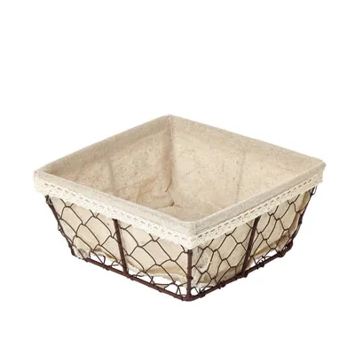 Corbeille métal carrée marron avec tissu beige 14 x 14 x 7 cm - Corbeilles métal