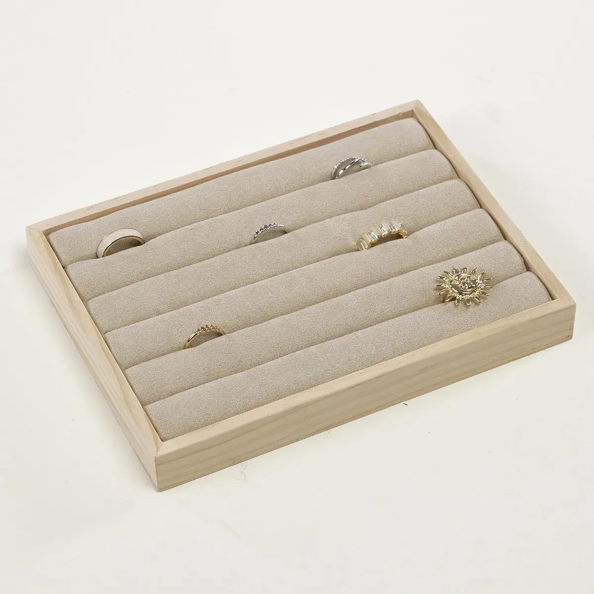 Plateau de présentation pour bagues bois et suédine 5 rangées 20 x 15 x 2,3 cm - Plateau rangement bagues - Présentoirs bagues-2