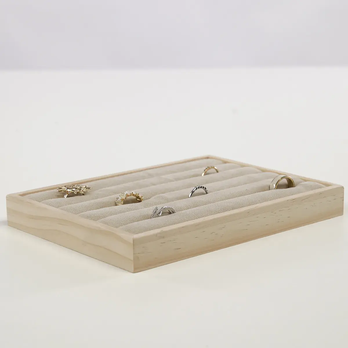 Plateau de présentation pour bagues bois et suédine 5 rangées 20 x 15 x 2,3 cm - Plateau rangement bagues - Présentoirs bagues-3
