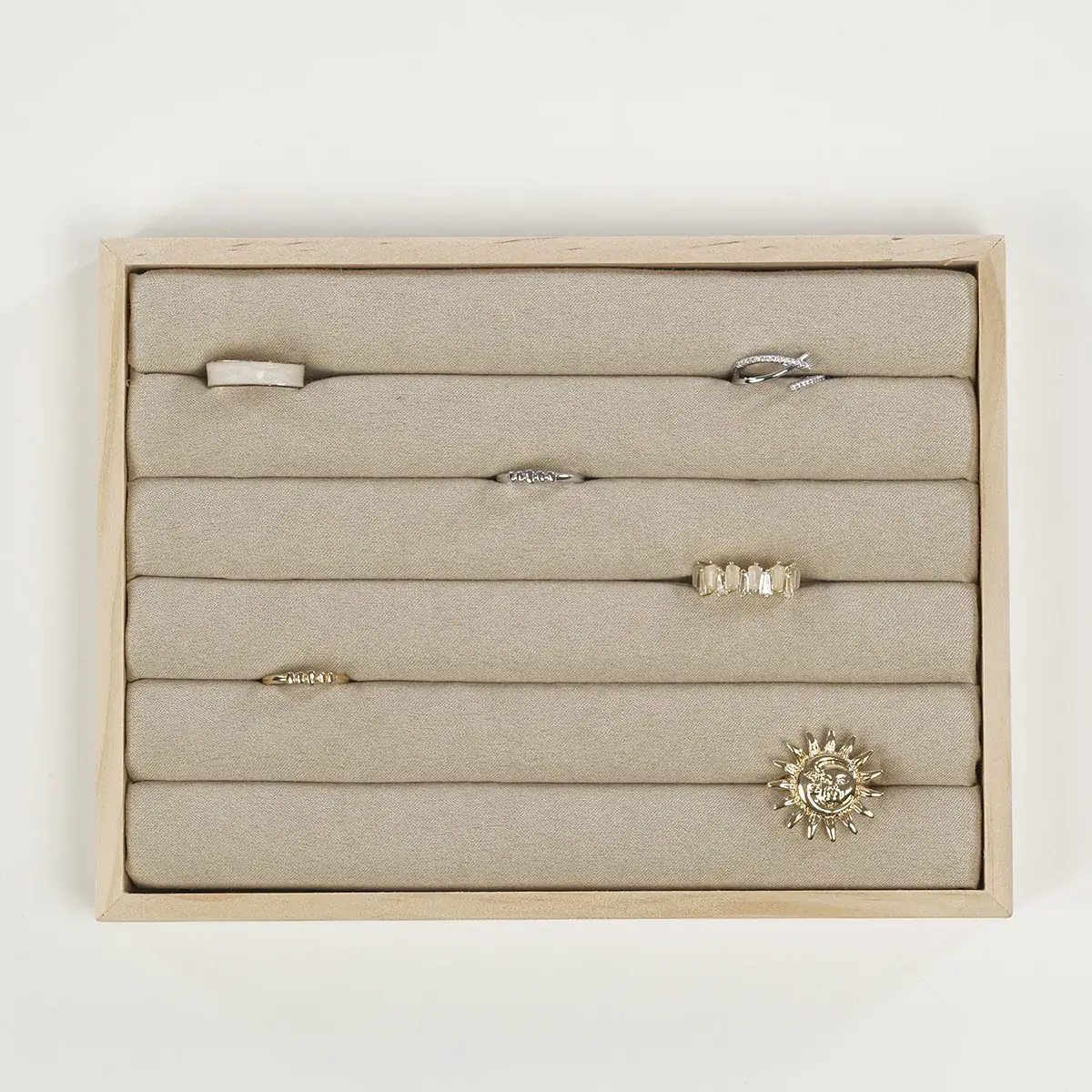 Plateau de présentation pour bagues bois et suédine 5 rangées 20 x 15 x 2,3 cm - Plateau rangement bagues - Présentoirs bagues-4