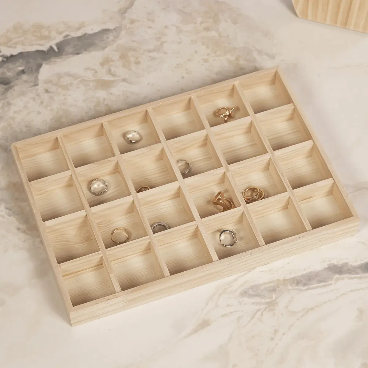 Plateau rangement bijoux bois 24 compartiments 35 x 24 x 3,5 cm - Organisateur bijoux - Présentoirs à bijoux multifonction-2