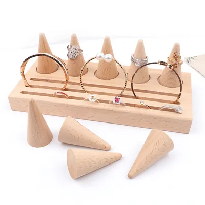 Plateau de présentation pour bagues bois 5 cônes + 3 rangées 22 x 10 x 7,7 cm - Présentoirs à bijoux multifonction-3