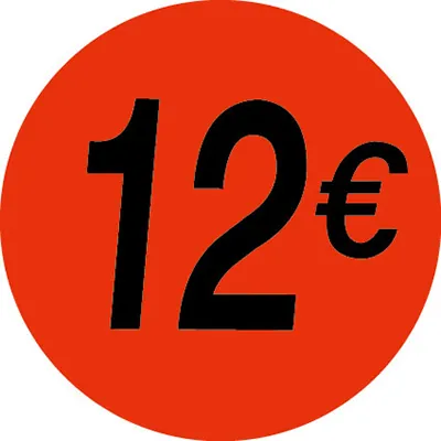 Pastille adhésive '12€' rond ø 36 mm, Orange fluo - Sticker promo - Lot de 500 - Étiquettes adhésives Soldes, Étiquettes promotionnelles